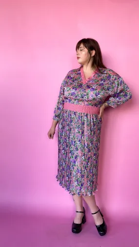 1980s Pink and Purple Floral Dress, sz. 2XL