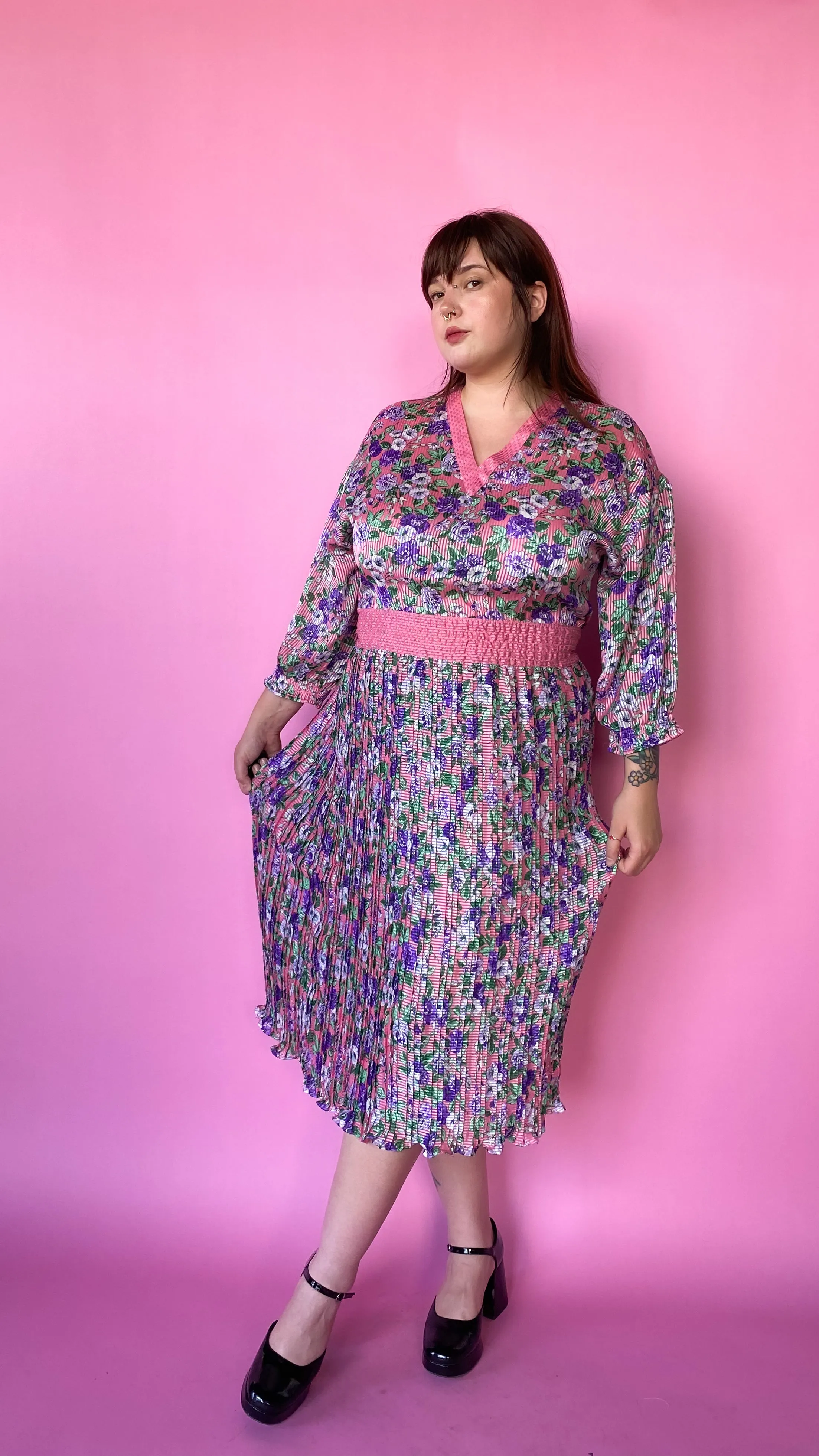 1980s Pink and Purple Floral Dress, sz. 2XL