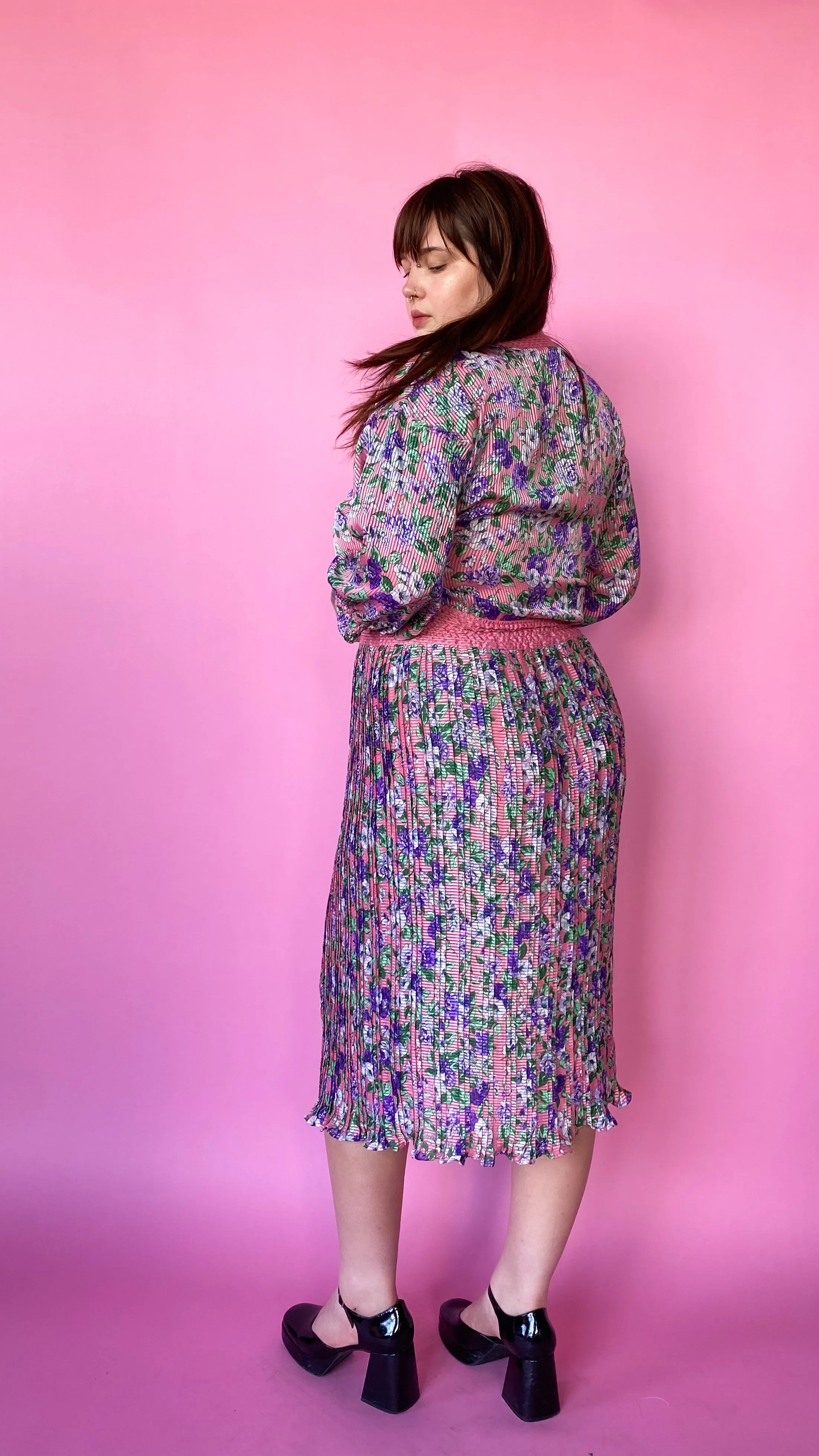 1980s Pink and Purple Floral Dress, sz. 2XL