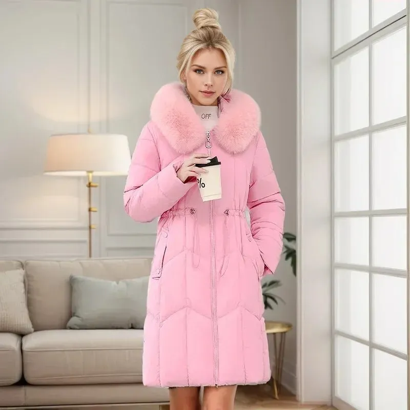 2024 Winter Damen gepolsterte Jacken mittellange modische Kapuze großen Pelz kragen locker dick ein Taille-Cinch-Down-Baumwoll mantel