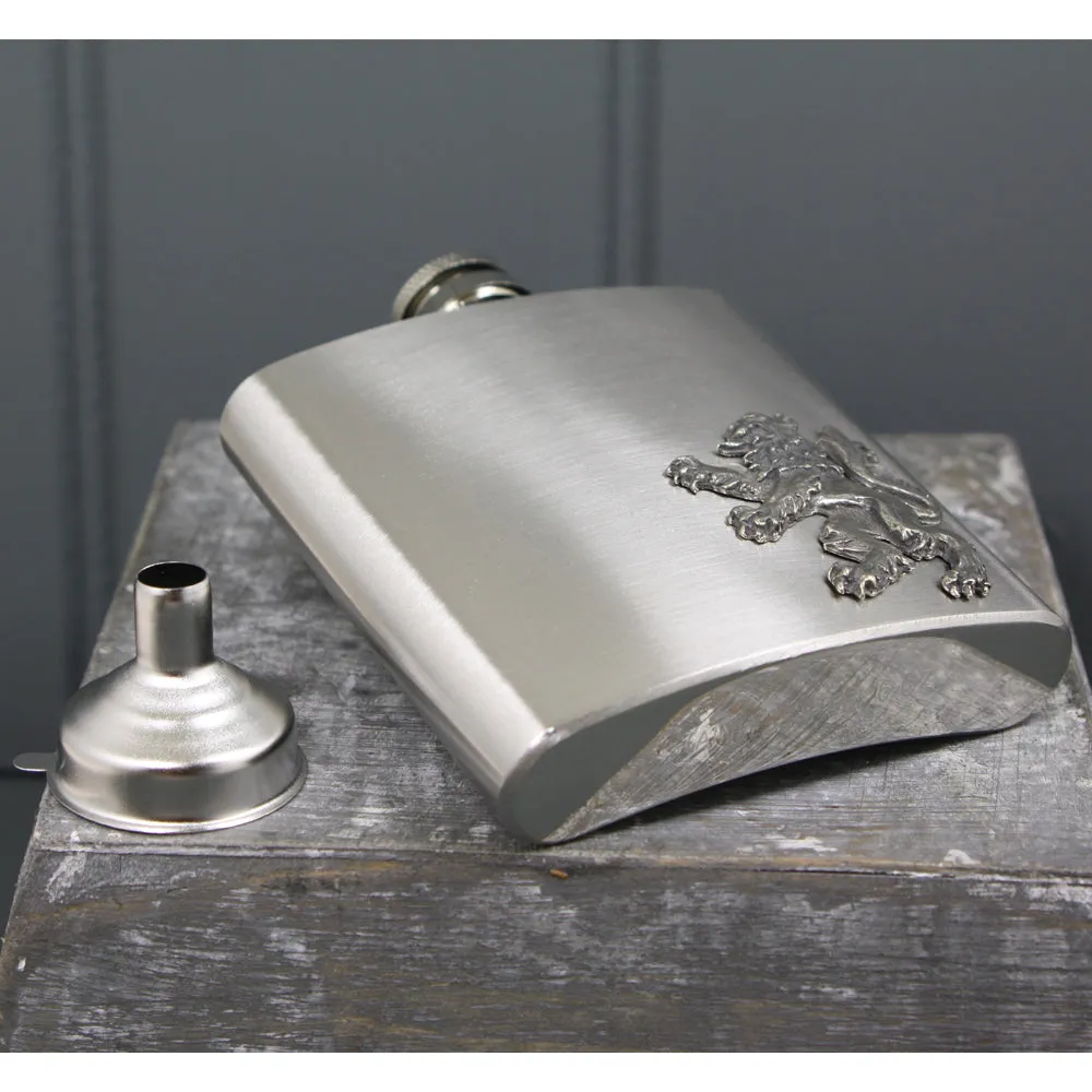 6oz Stainless Steel Hip Flask With Pewter Scottish Rampant Lion Emblem