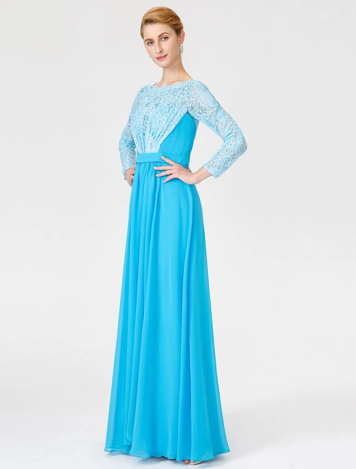A-Line Ball Gown Scoop Neck Floor Length Chiffon Lace Mother of the Bride Dress with Sash / Ribbon Pleats