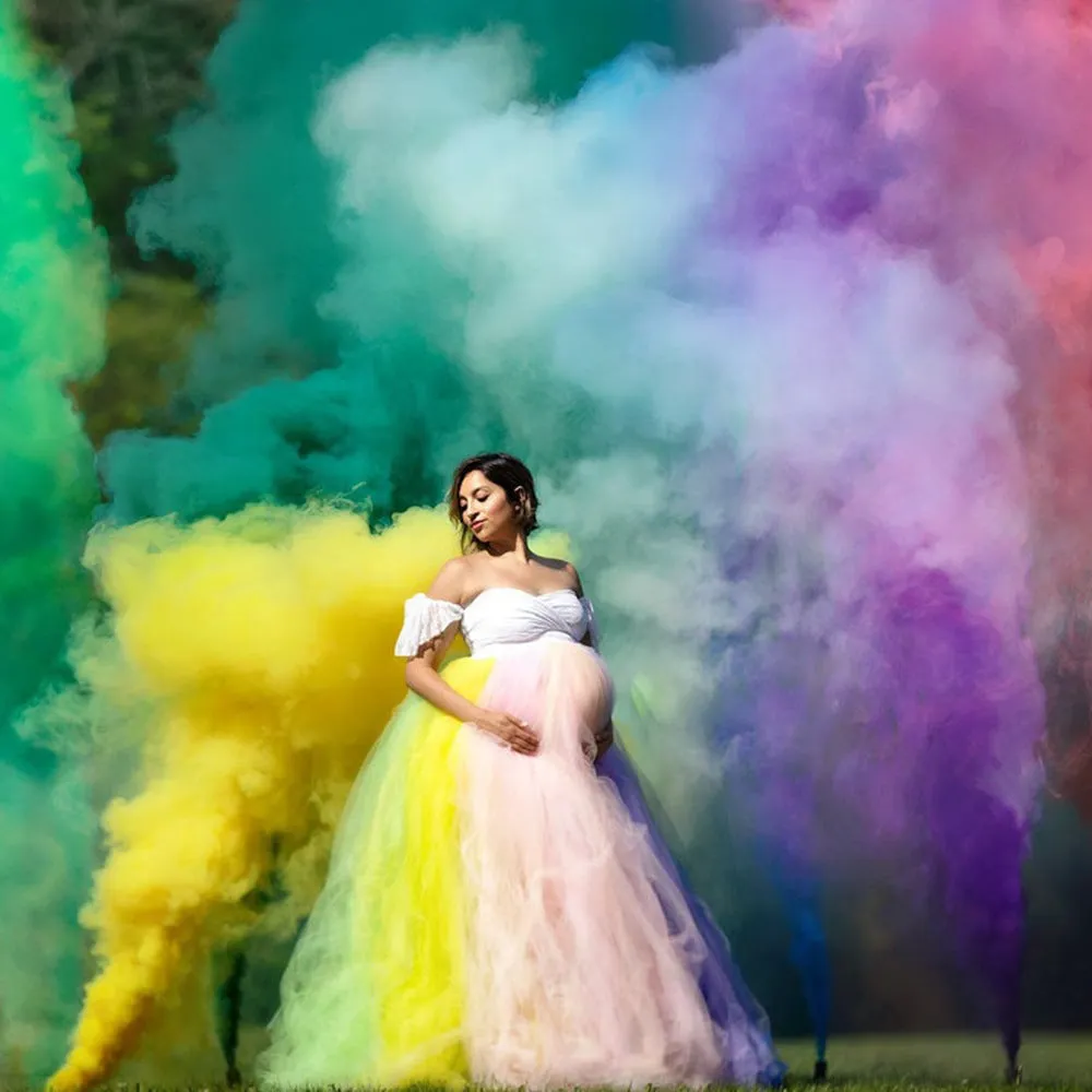 Babymoon Rainbow Off Shoulder Maternity Gown Dress - Multi