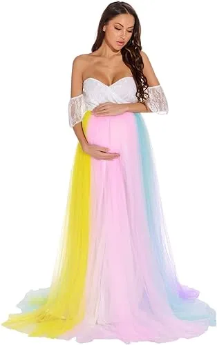 Babymoon Rainbow Off Shoulder Maternity Gown Dress - Multi