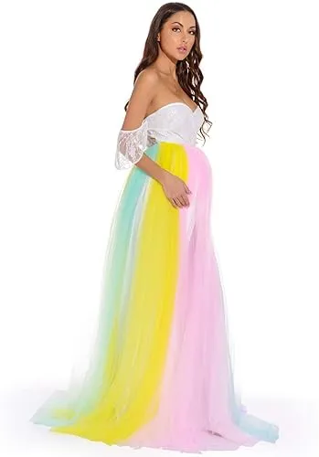 Babymoon Rainbow Off Shoulder Maternity Gown Dress - Multi