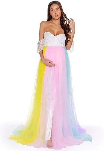 Babymoon Rainbow Off Shoulder Maternity Gown Dress - Multi