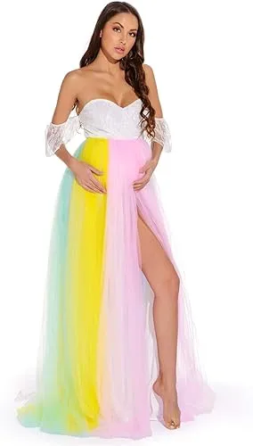 Babymoon Rainbow Off Shoulder Maternity Gown Dress - Multi