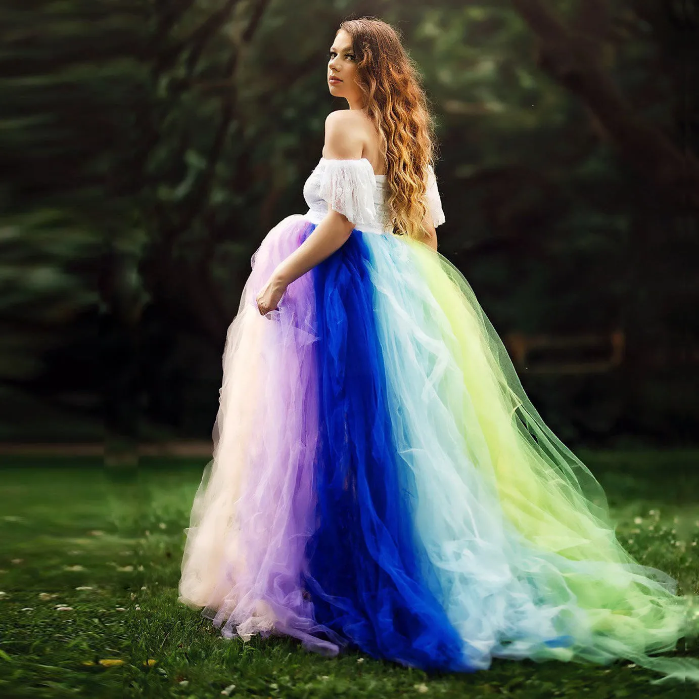 Babymoon Rainbow Off Shoulder Maternity Gown Dress - Multi