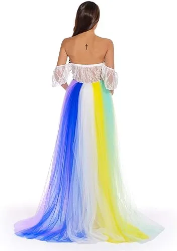 Babymoon Rainbow Off Shoulder Maternity Gown Dress - Multi