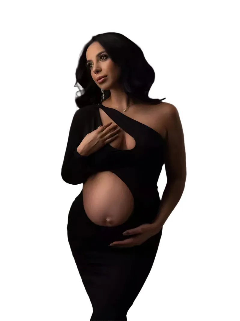 Babymoon Stretchable One Shoulder Babybump Revealing Maternity Gown Dress | Black