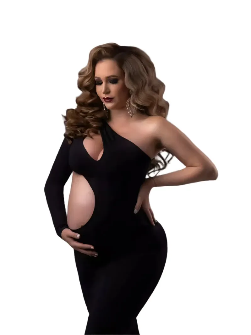 Babymoon Stretchable One Shoulder Babybump Revealing Maternity Gown Dress | Black