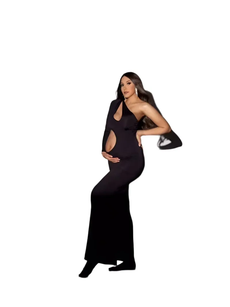 Babymoon Stretchable One Shoulder Babybump Revealing Maternity Gown Dress | Black