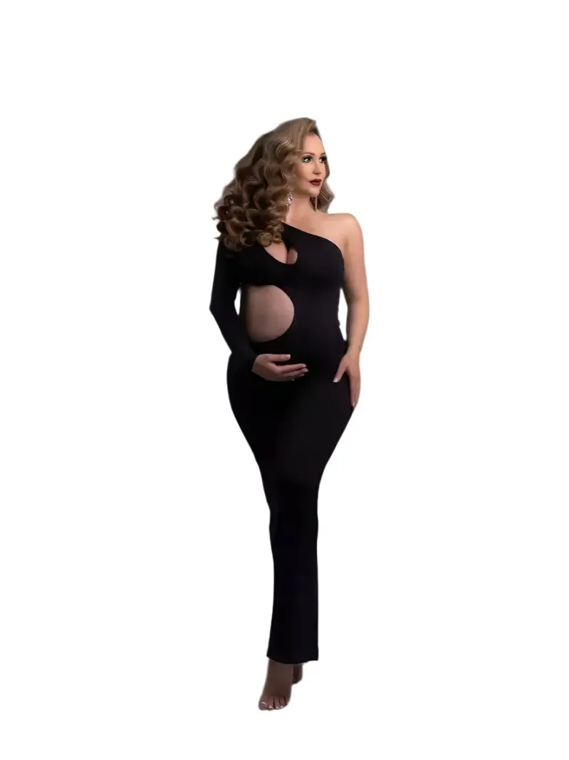 Babymoon Stretchable One Shoulder Babybump Revealing Maternity Gown Dress | Black