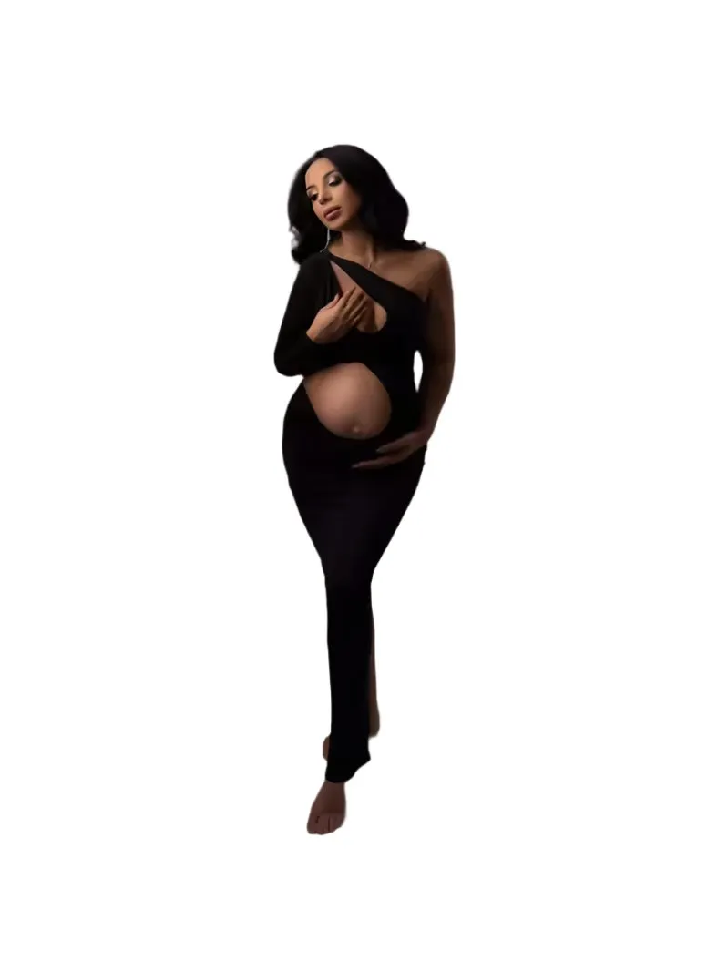 Babymoon Stretchable One Shoulder Babybump Revealing Maternity Gown Dress | Black
