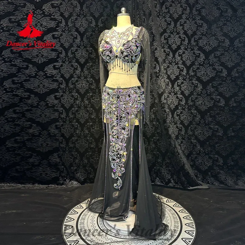 Bellydance Costume Senior AB Stones Bra cotton Yarn Long Skirt 2pcs for Women Customzied Oriental Belly Dancing Wear Suit