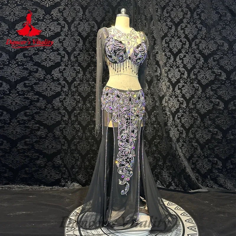 Bellydance Costume Senior AB Stones Bra cotton Yarn Long Skirt 2pcs for Women Customzied Oriental Belly Dancing Wear Suit