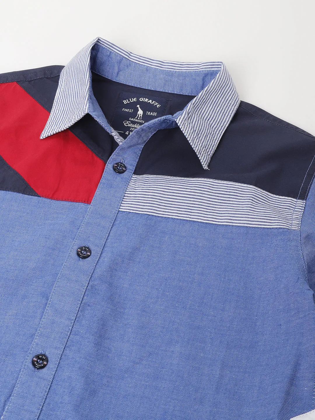 Blue Giraffe Boys Blue Color-Blocked Spread Collar Full Sleeves Shirt