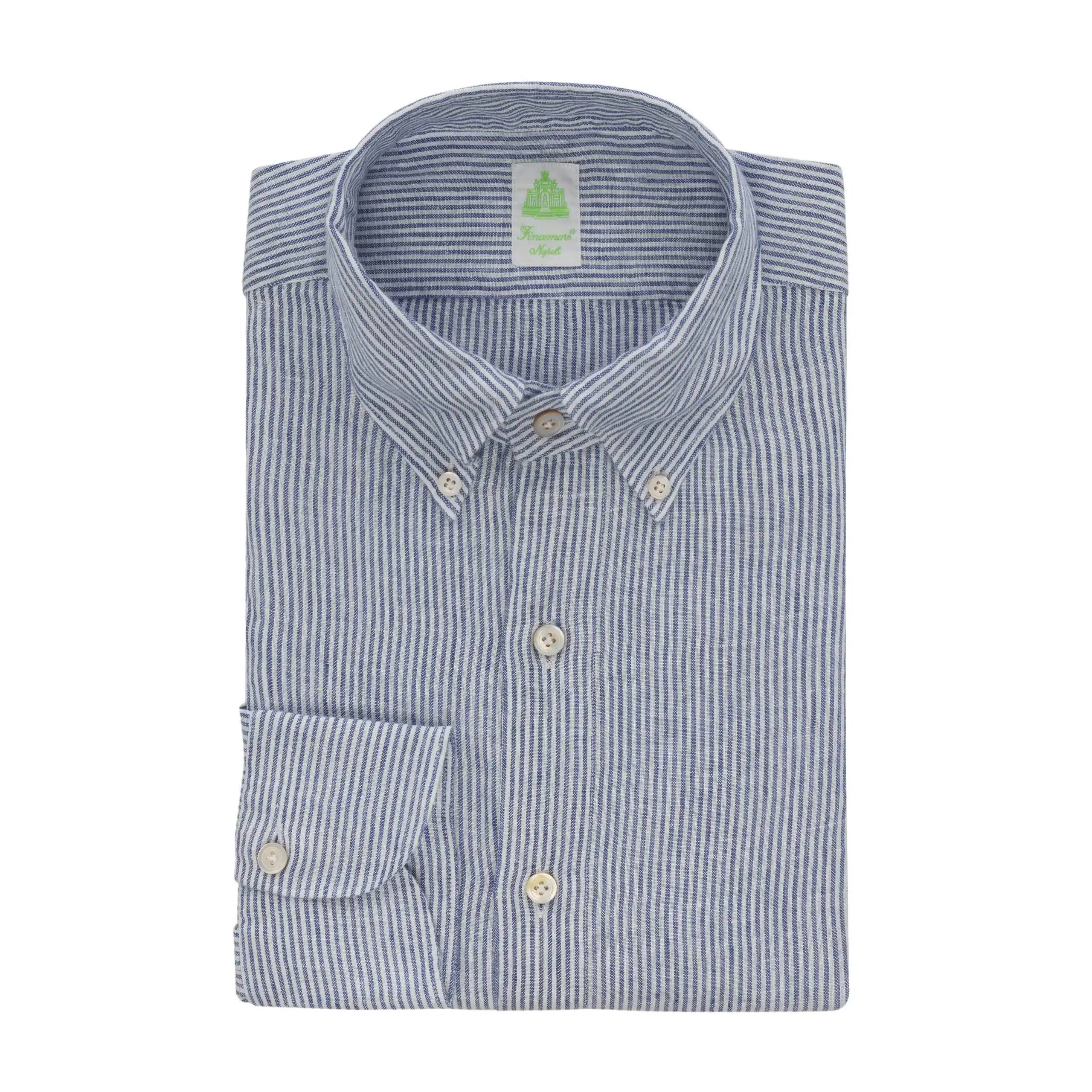 Button-Down Linen Shirt in White and Blue