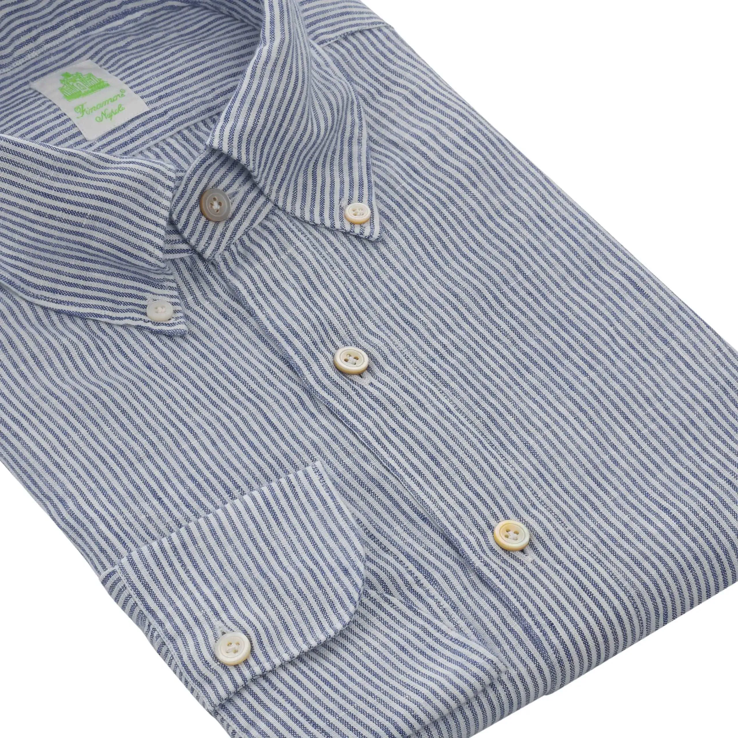 Button-Down Linen Shirt in White and Blue