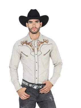 Camisa Vaquera Bordada Manga Larga Caqui para Hombre 'El Señor de los Cielos' - ID: 123924