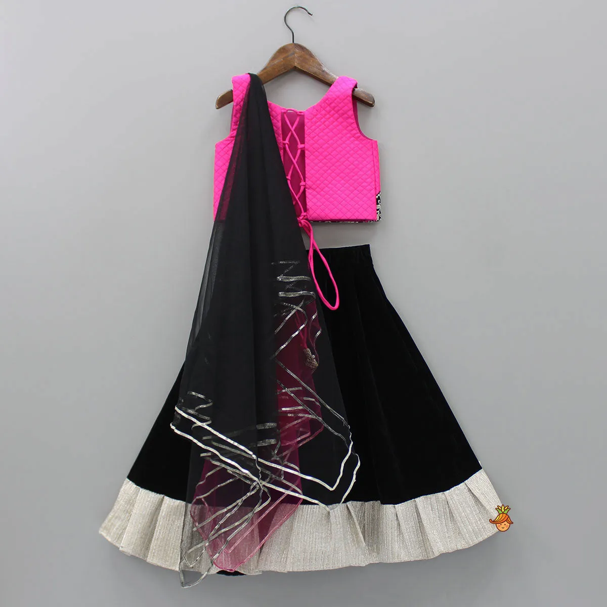 Checks Embroidered Dual Tone Top And Contrasting Tassels Enhanced Black Lehenga With Stylish Net Dupatta
