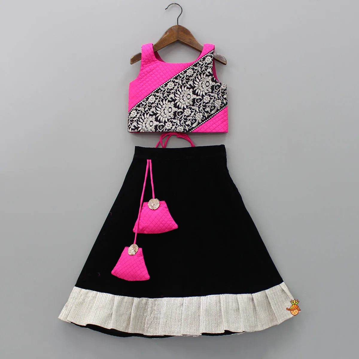 Checks Embroidered Dual Tone Top And Contrasting Tassels Enhanced Black Lehenga With Stylish Net Dupatta