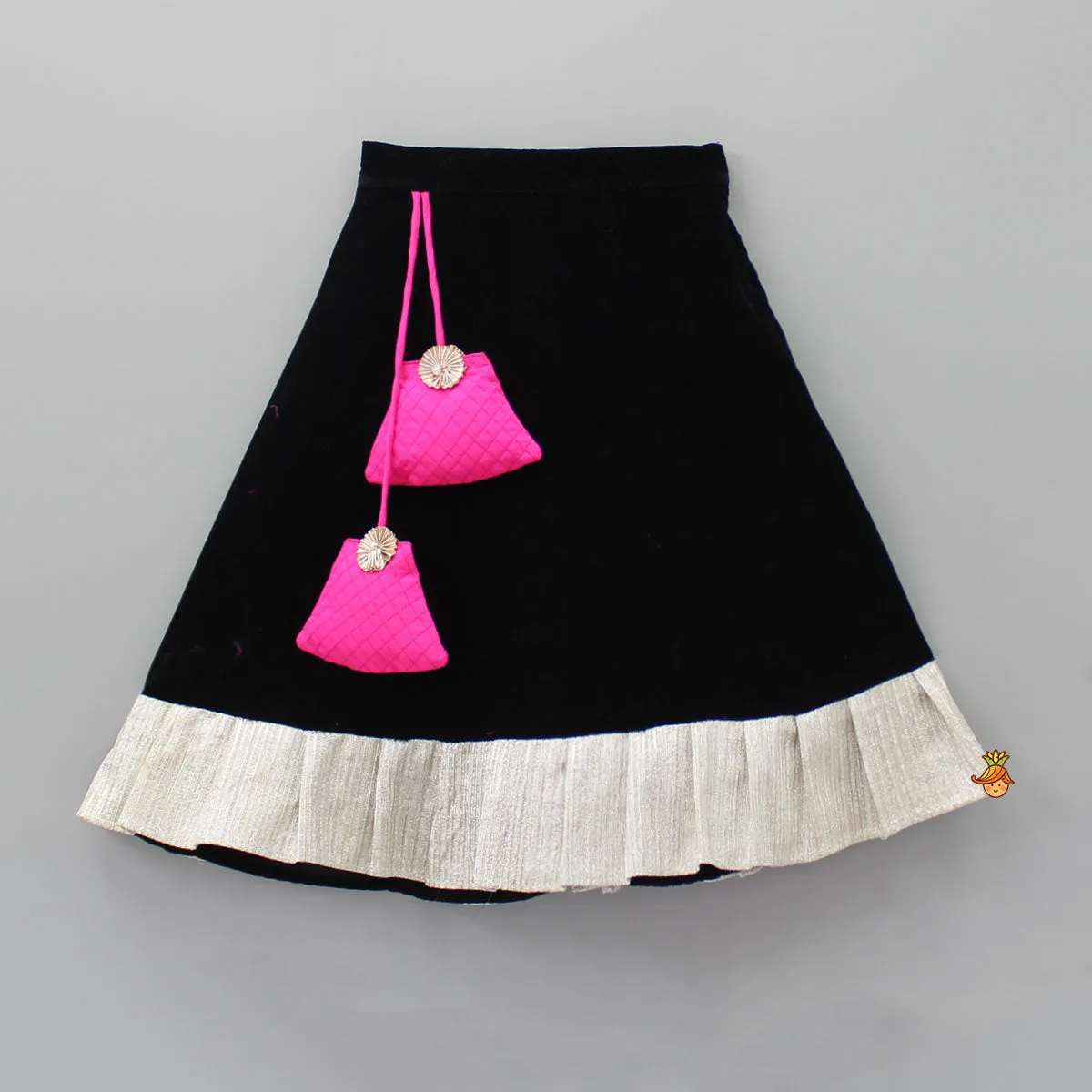Checks Embroidered Dual Tone Top And Contrasting Tassels Enhanced Black Lehenga With Stylish Net Dupatta