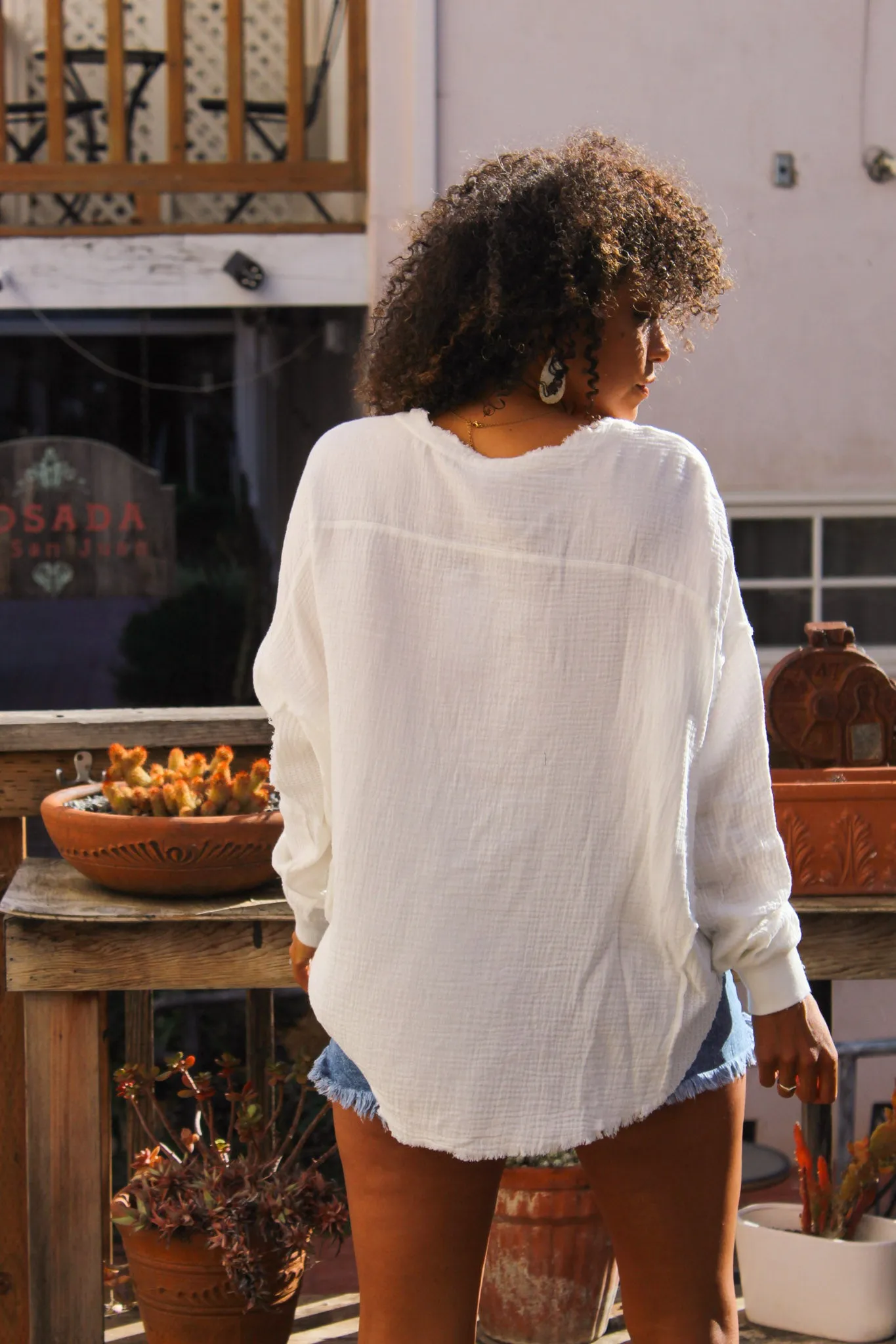 Coastal Cool Cotton Raw-Hem Long Sleeve Button Front Top - White