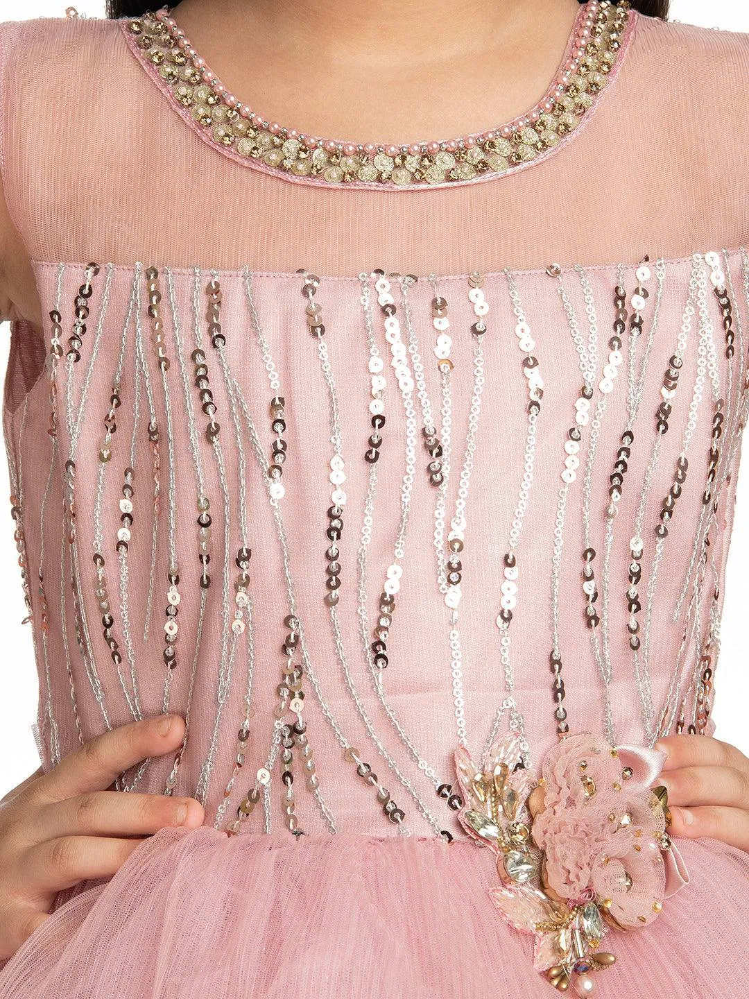 Coral Embellished Imported Net Frill Style Gown For Girls