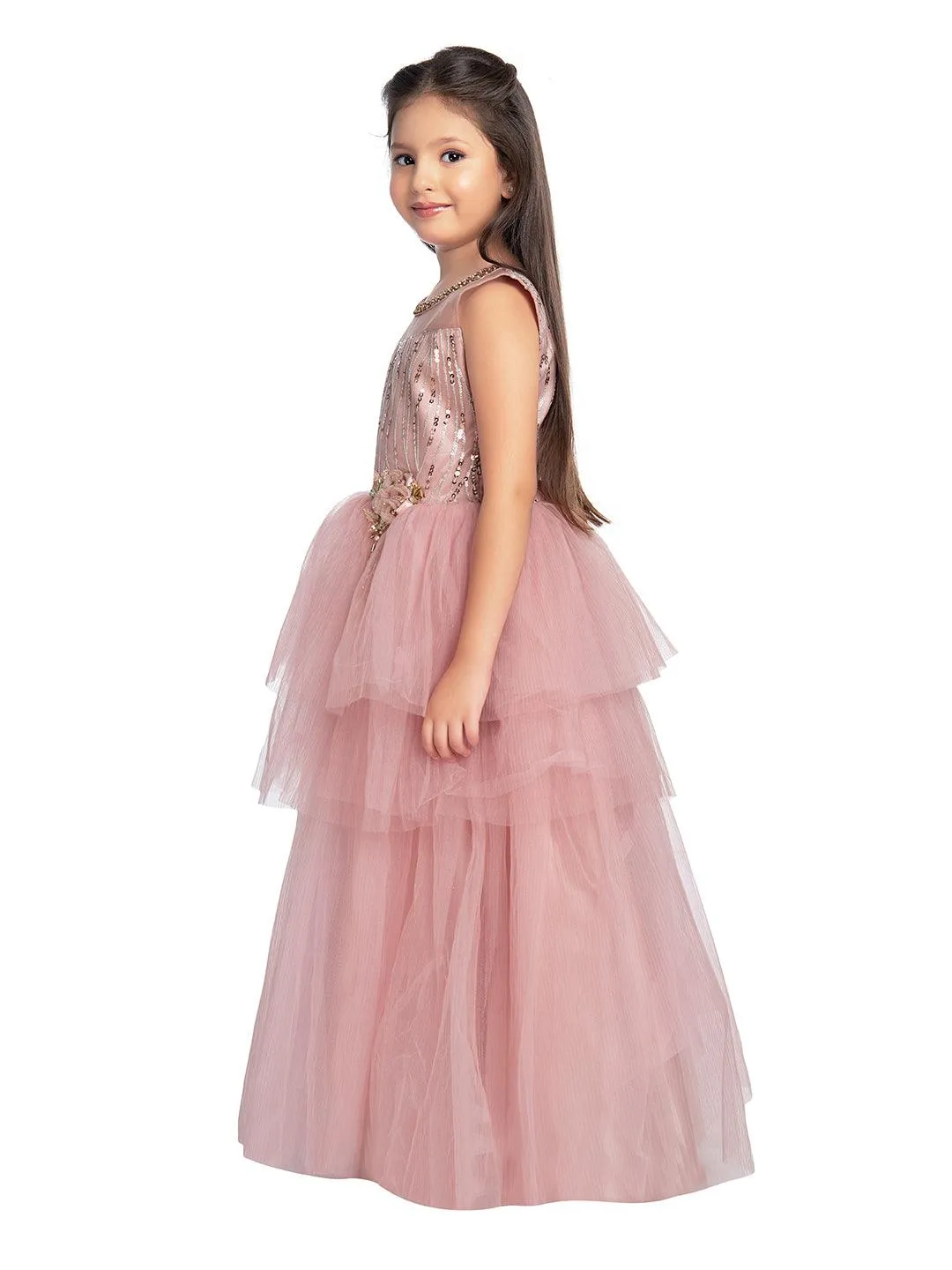 Coral Embellished Imported Net Frill Style Gown For Girls