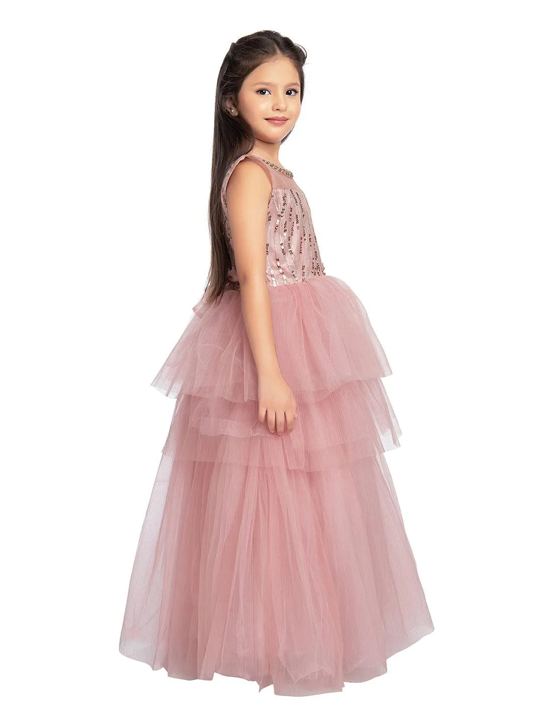 Coral Embellished Imported Net Frill Style Gown For Girls