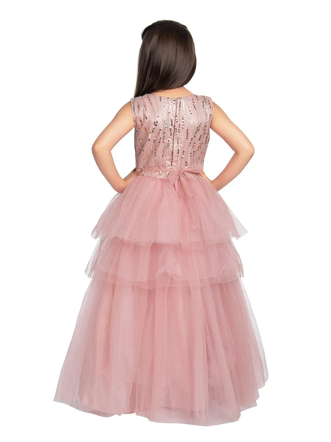 Coral Embellished Imported Net Frill Style Gown For Girls