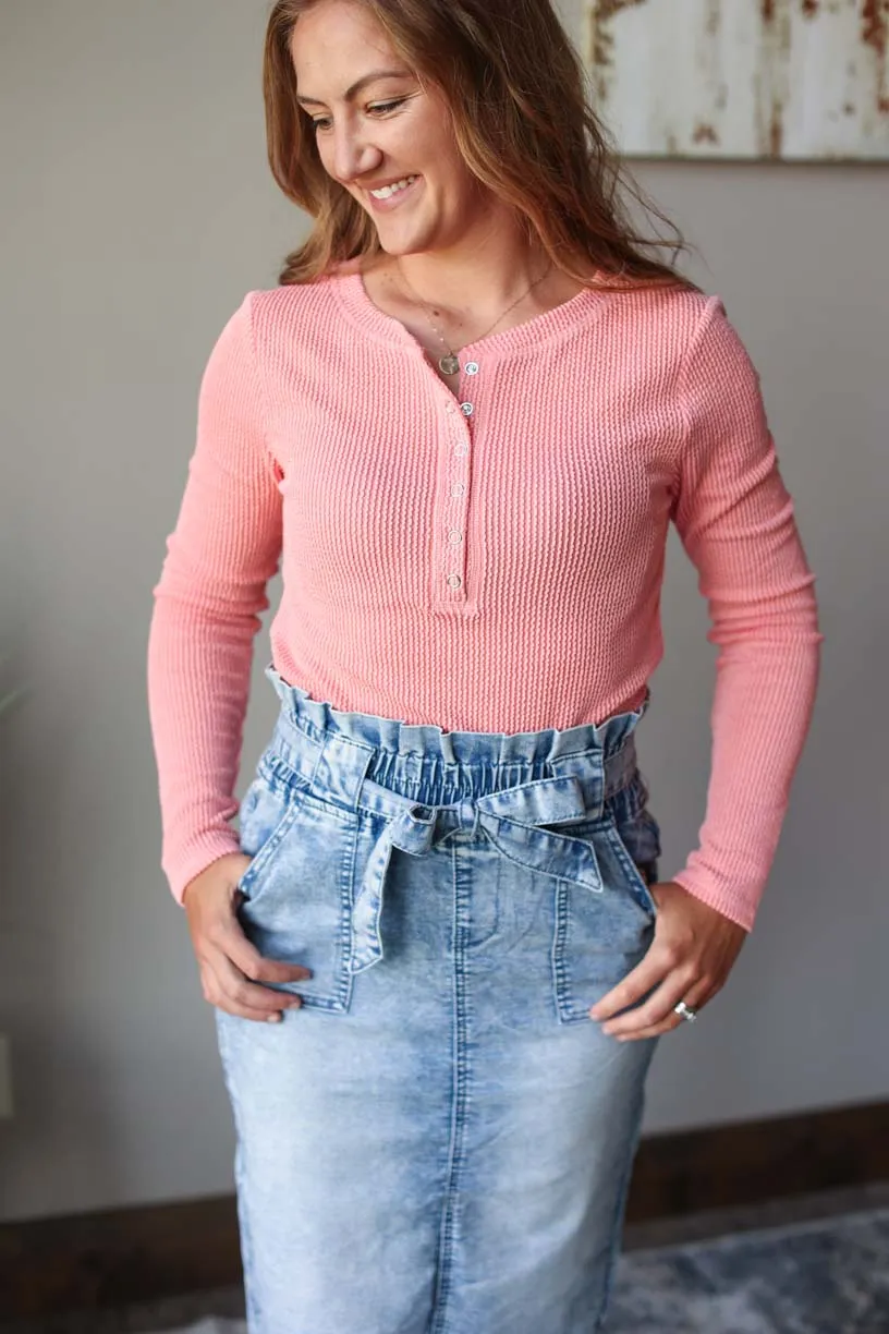 Coral Textured Long Sleeve Henley Top • S