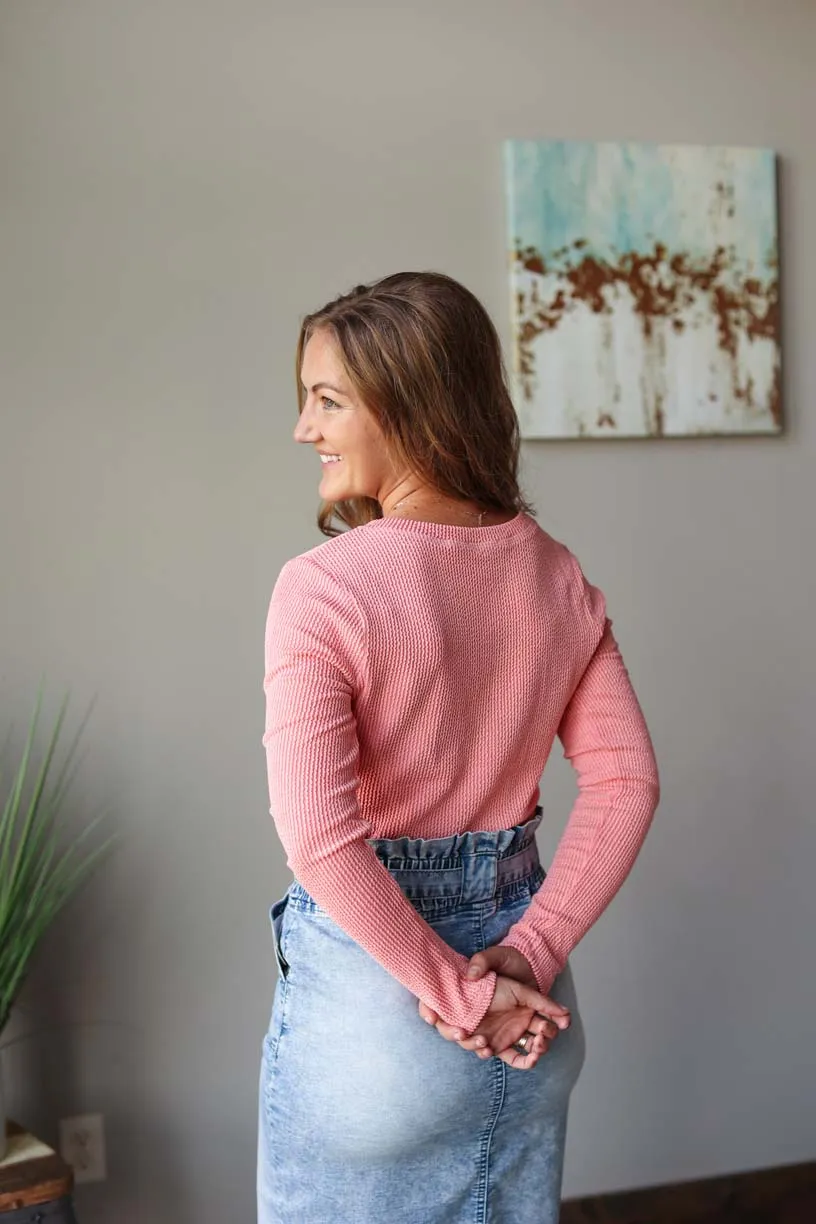 Coral Textured Long Sleeve Henley Top • S