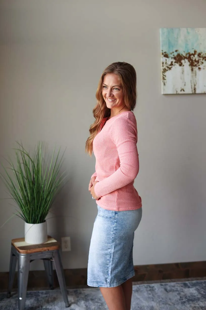 Coral Textured Long Sleeve Henley Top • S