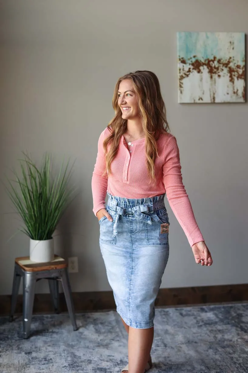 Coral Textured Long Sleeve Henley Top • S