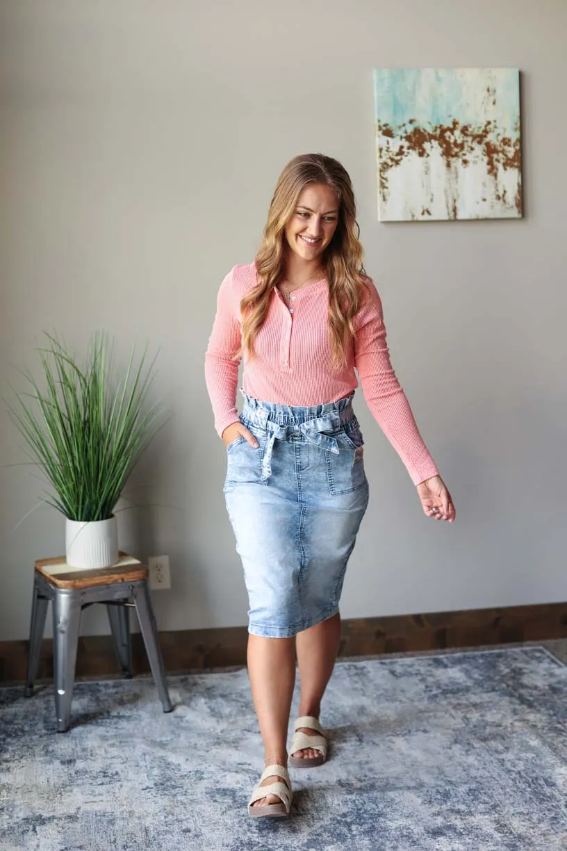 Coral Textured Long Sleeve Henley Top • S