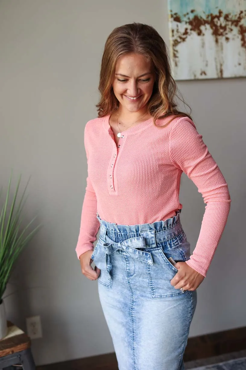 Coral Textured Long Sleeve Henley Top • S