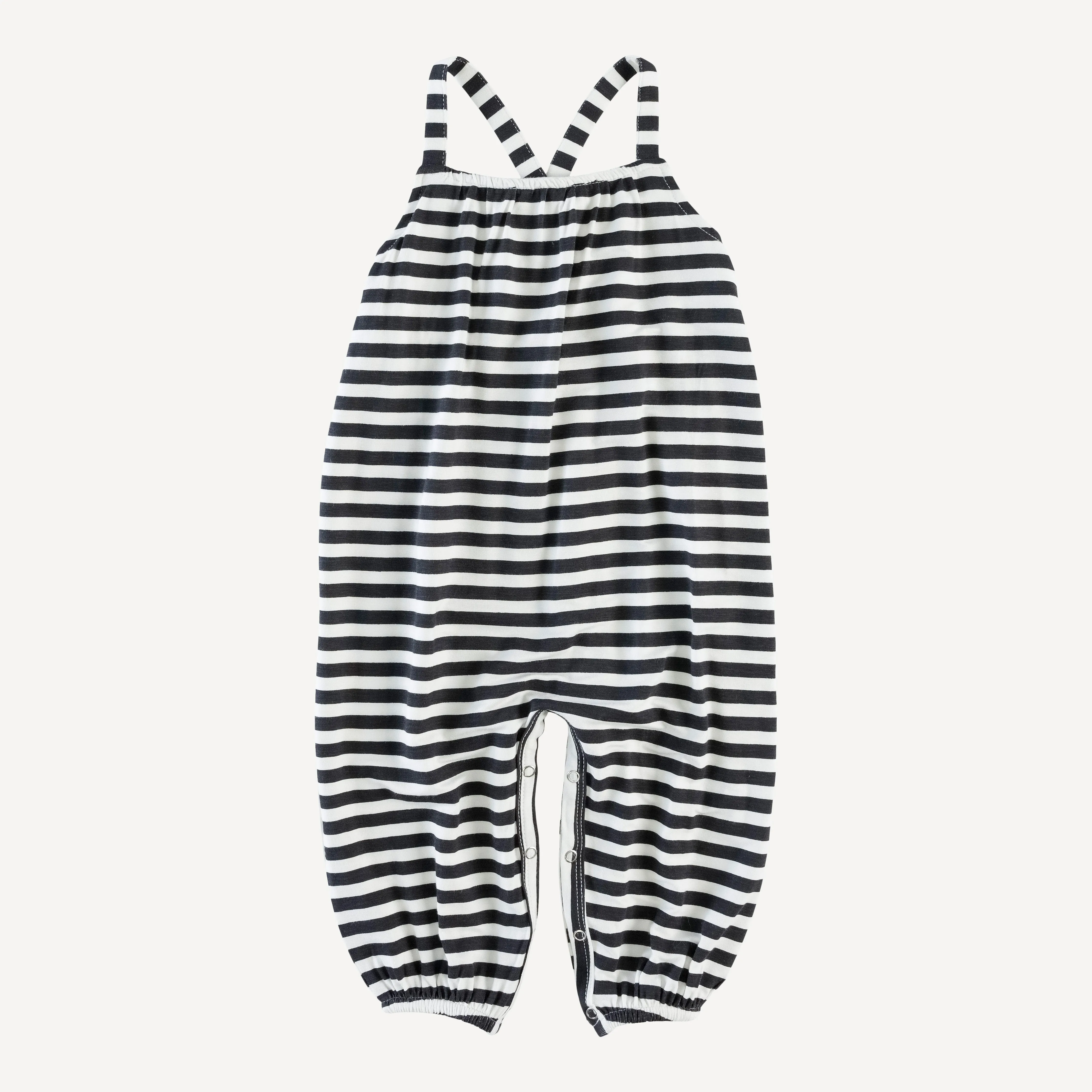cross back spaghetti strap bubble jumpsuit | black stripe | bamboo