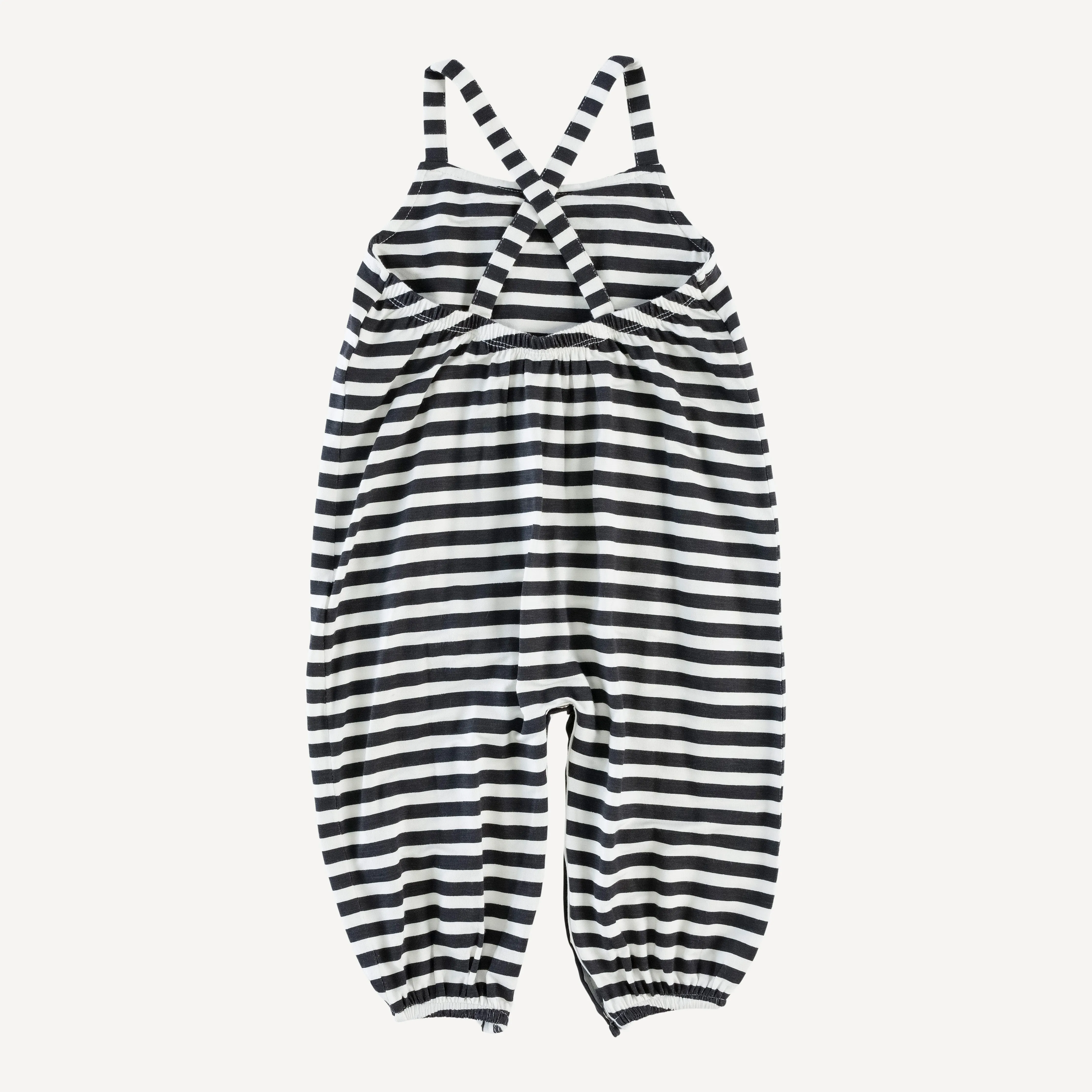 cross back spaghetti strap bubble jumpsuit | black stripe | bamboo