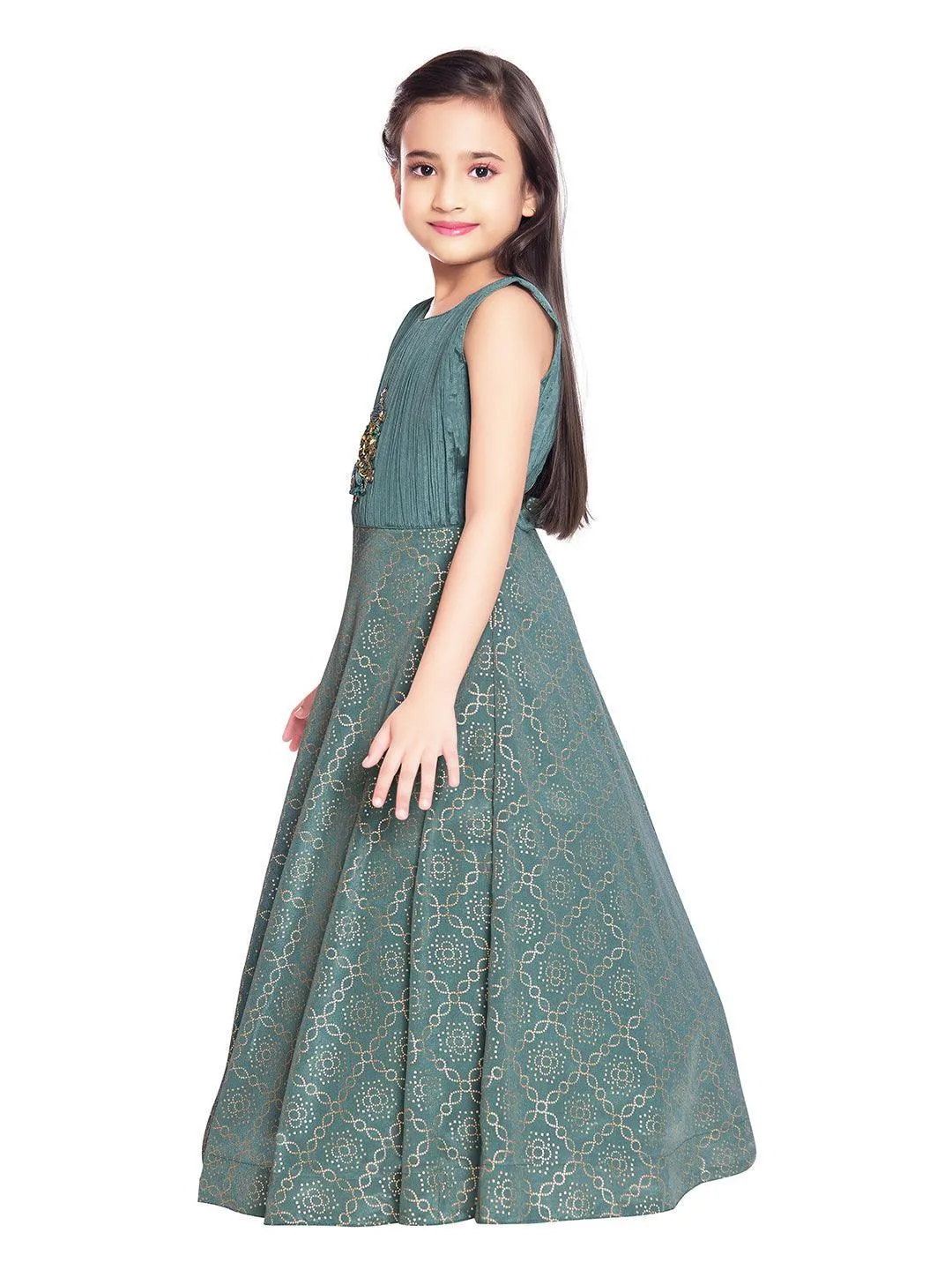Dark Green Coloured Jacket Styled Gown For Girls