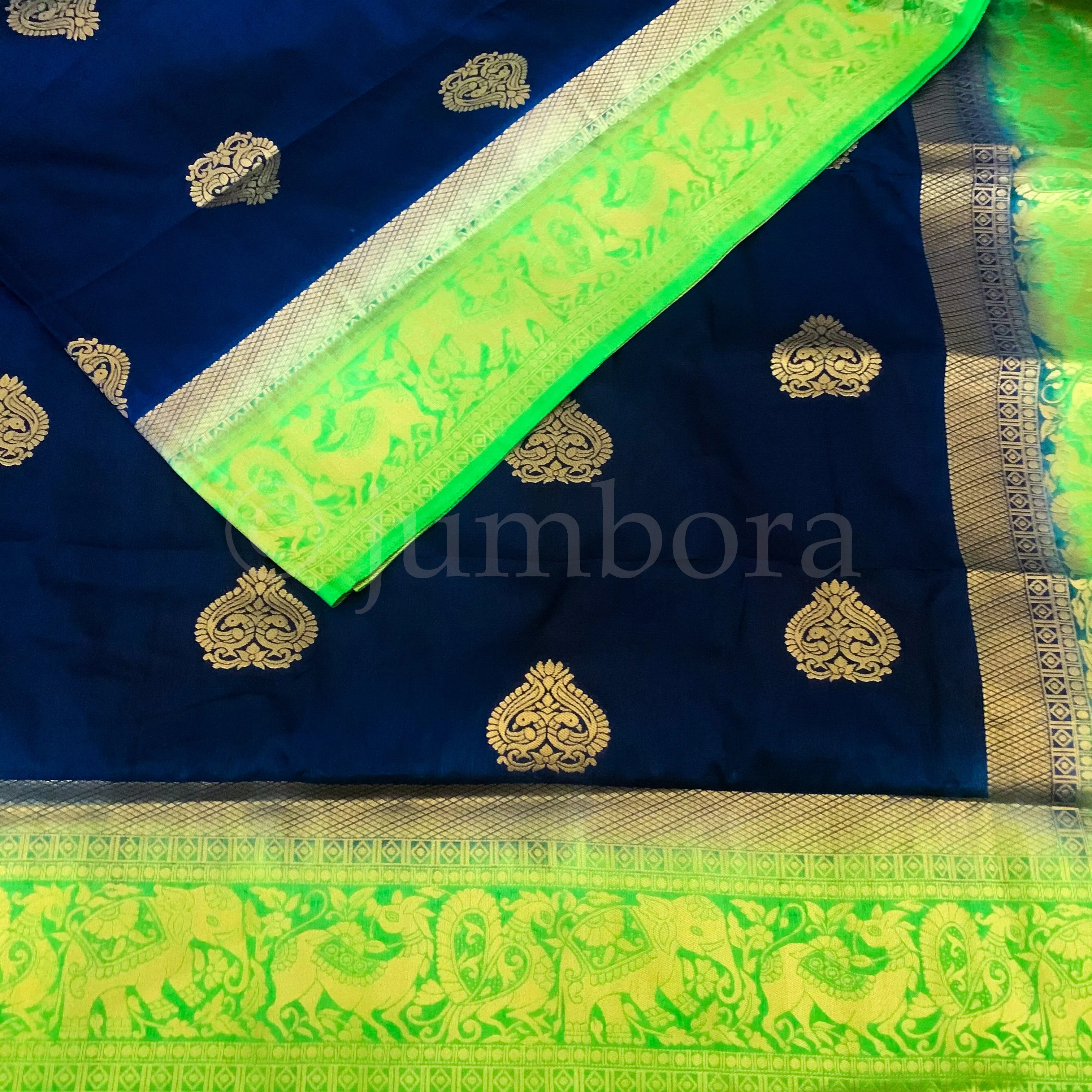 Designer Navy Blue Semi Banarasi Silk Saree with Patola Weaving and parrot Green Border