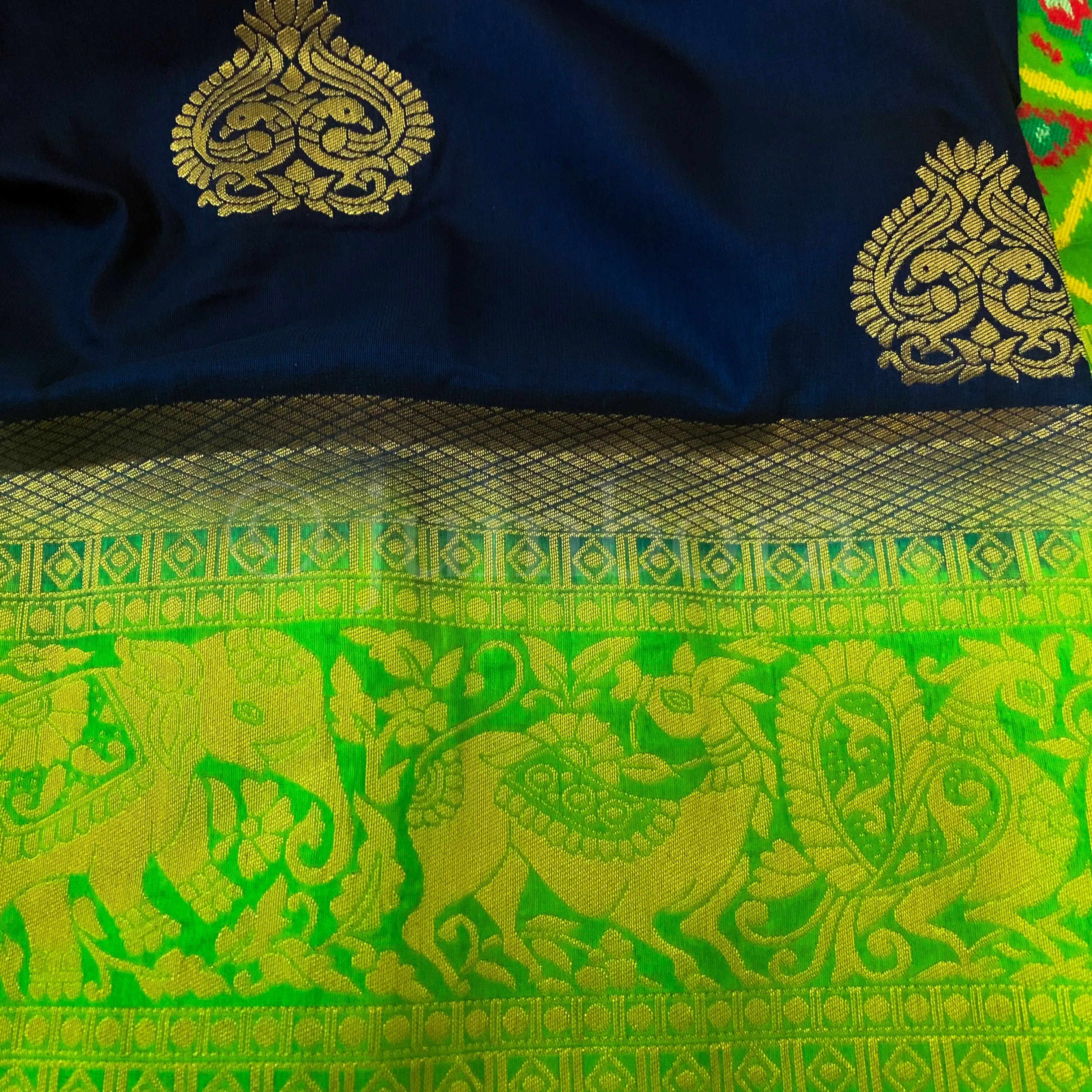 Designer Navy Blue Semi Banarasi Silk Saree with Patola Weaving and parrot Green Border