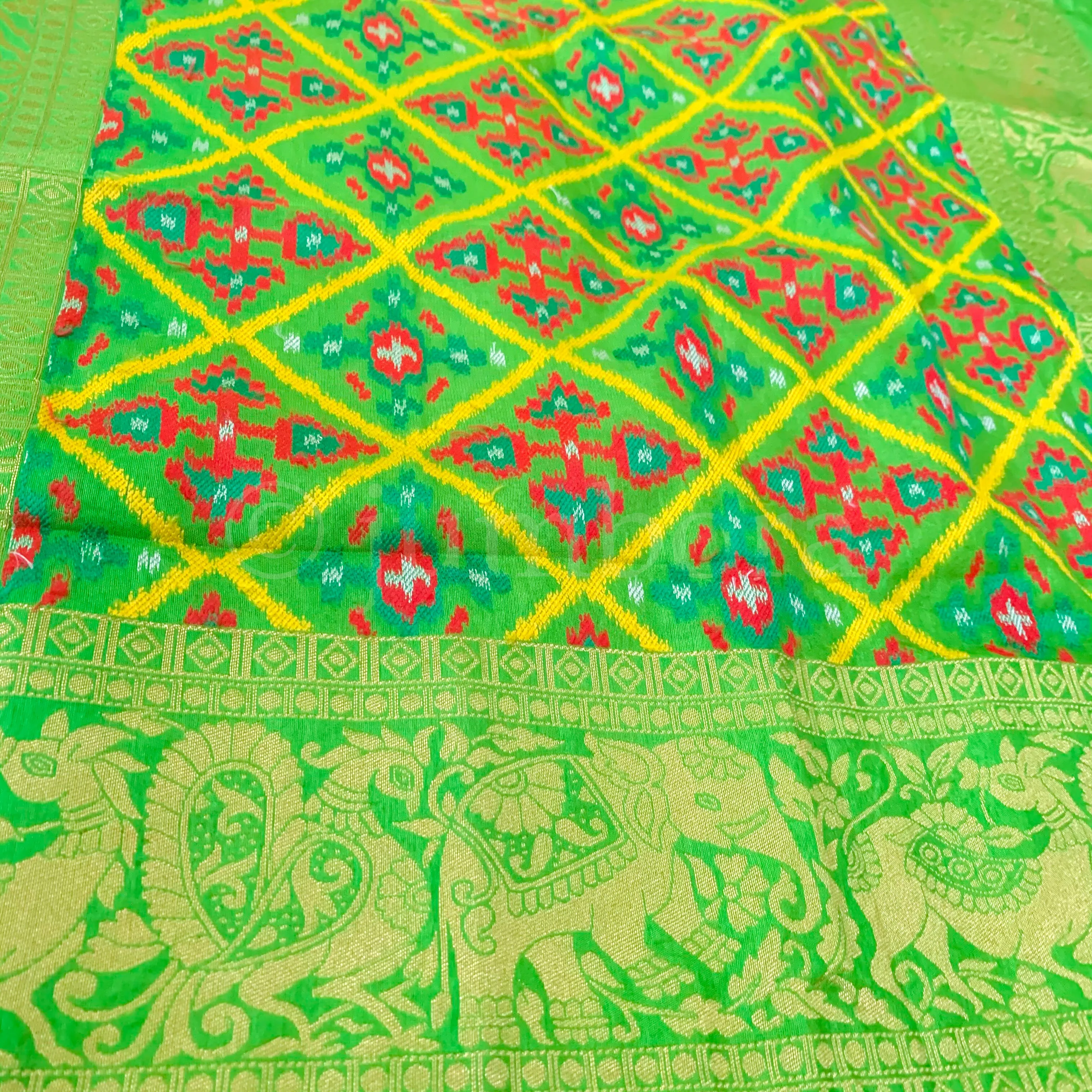 Designer Navy Blue Semi Banarasi Silk Saree with Patola Weaving and parrot Green Border