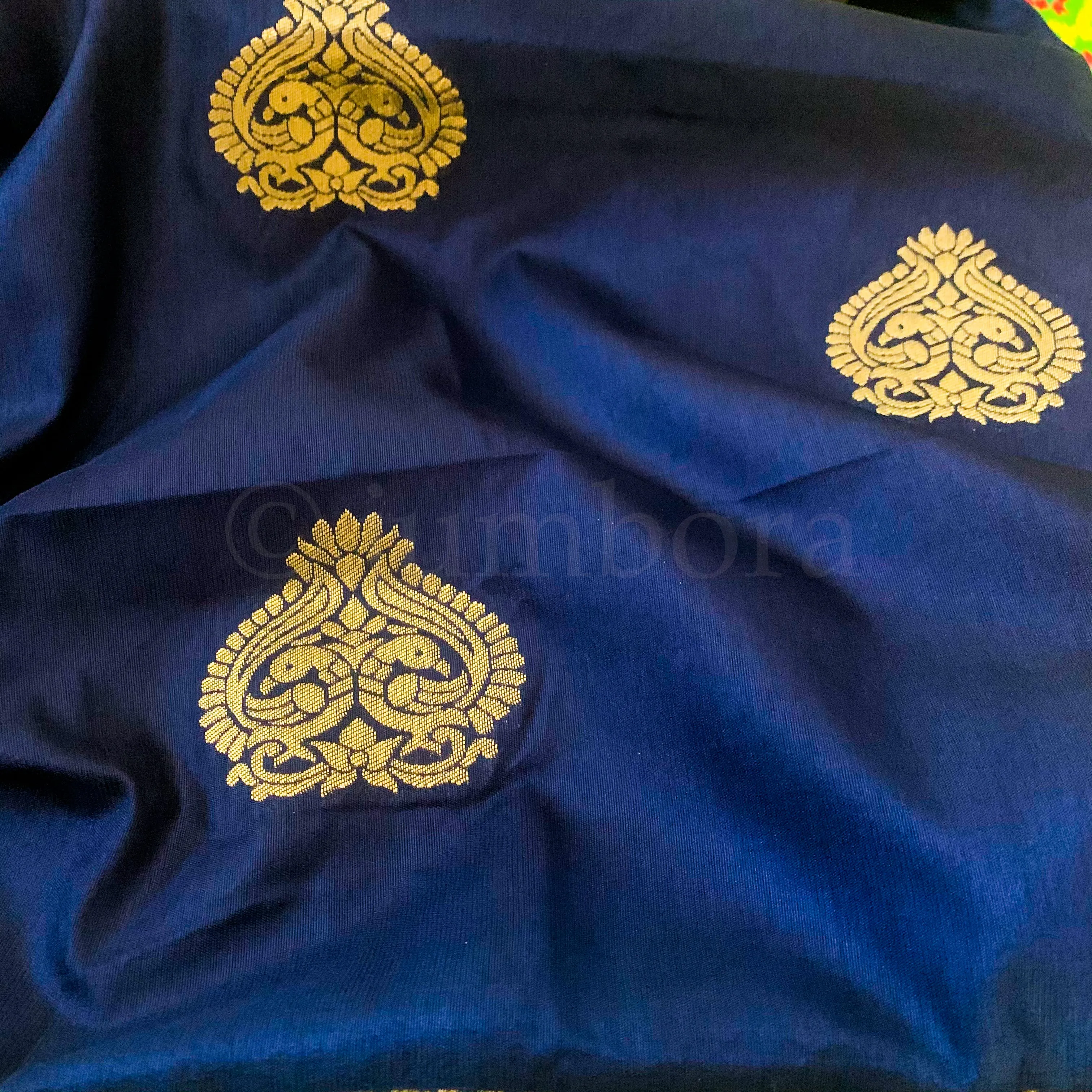 Designer Navy Blue Semi Banarasi Silk Saree with Patola Weaving and parrot Green Border