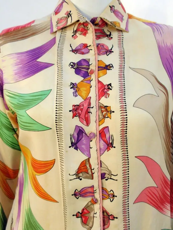 EMILIO PUCCI 1960s Silk Blouse Ladies & Ribbon Print