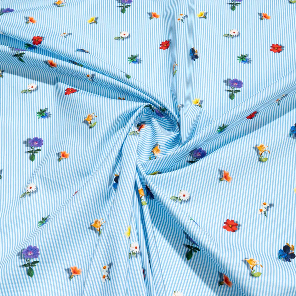 Floral Printed Sky Blue Striped Pure Cotton