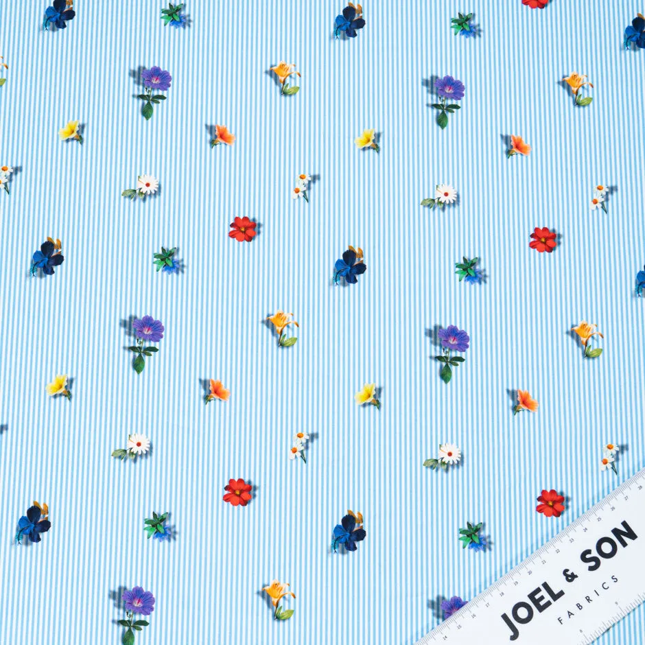 Floral Printed Sky Blue Striped Pure Cotton