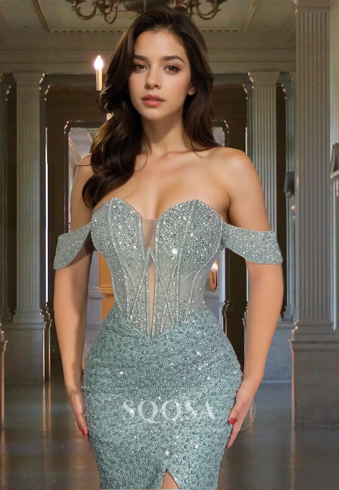 Fully Beaded Sequined Sweetheart Sleeveless Party Gowns Off-Shoulder Pleated Cutout Slit Mermiad Prom Dress