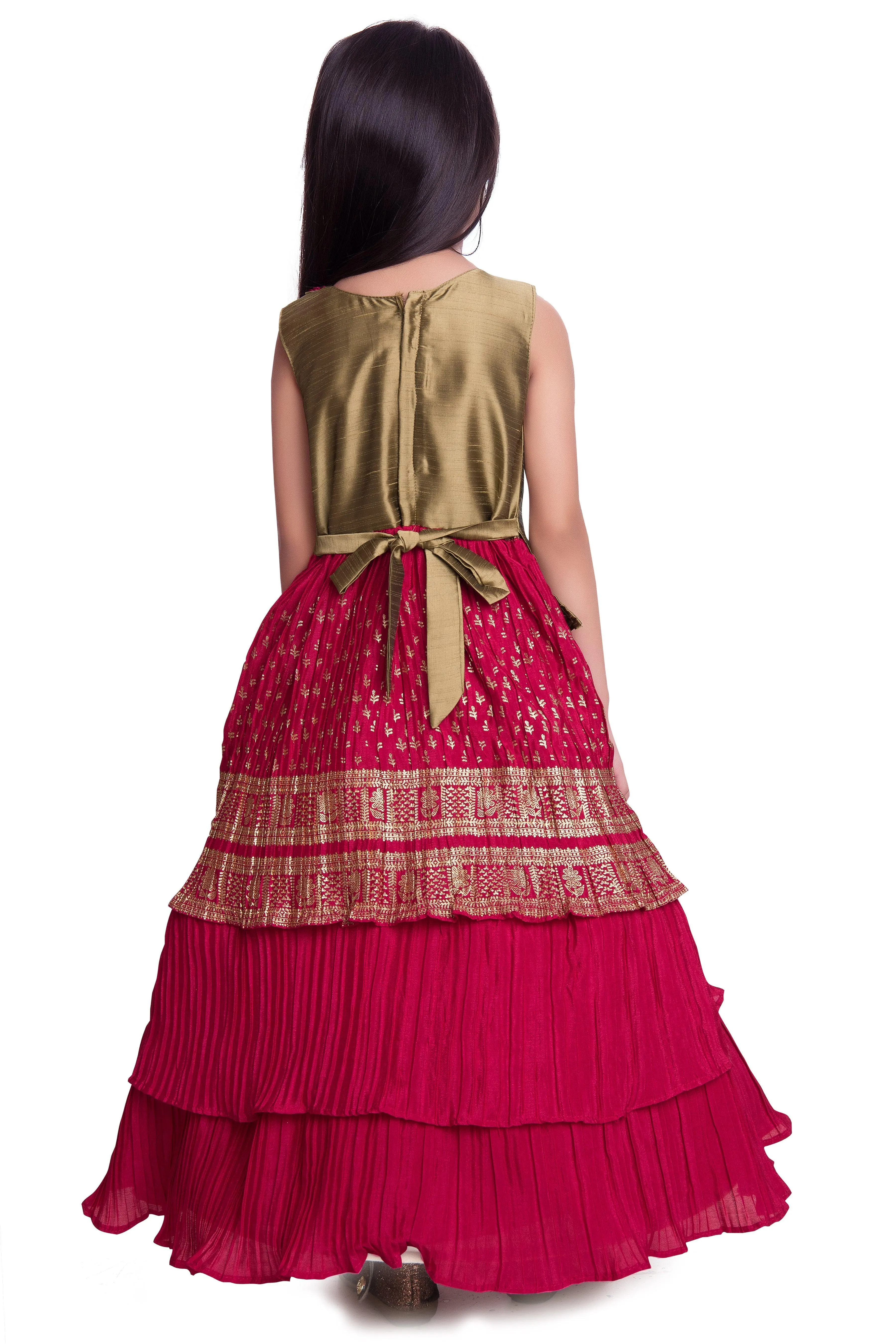 Girls Gold Toned and Green Ethnic Motifs Printed Pleated Chinon Gown For Girls